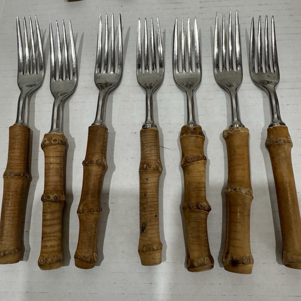 VINTAGE MID-CENTURY AUTHENTIC BAMBOO HANDLE TIKI FLATWARE STAINLESS STEEL JAPAN - Picture 2 of 11